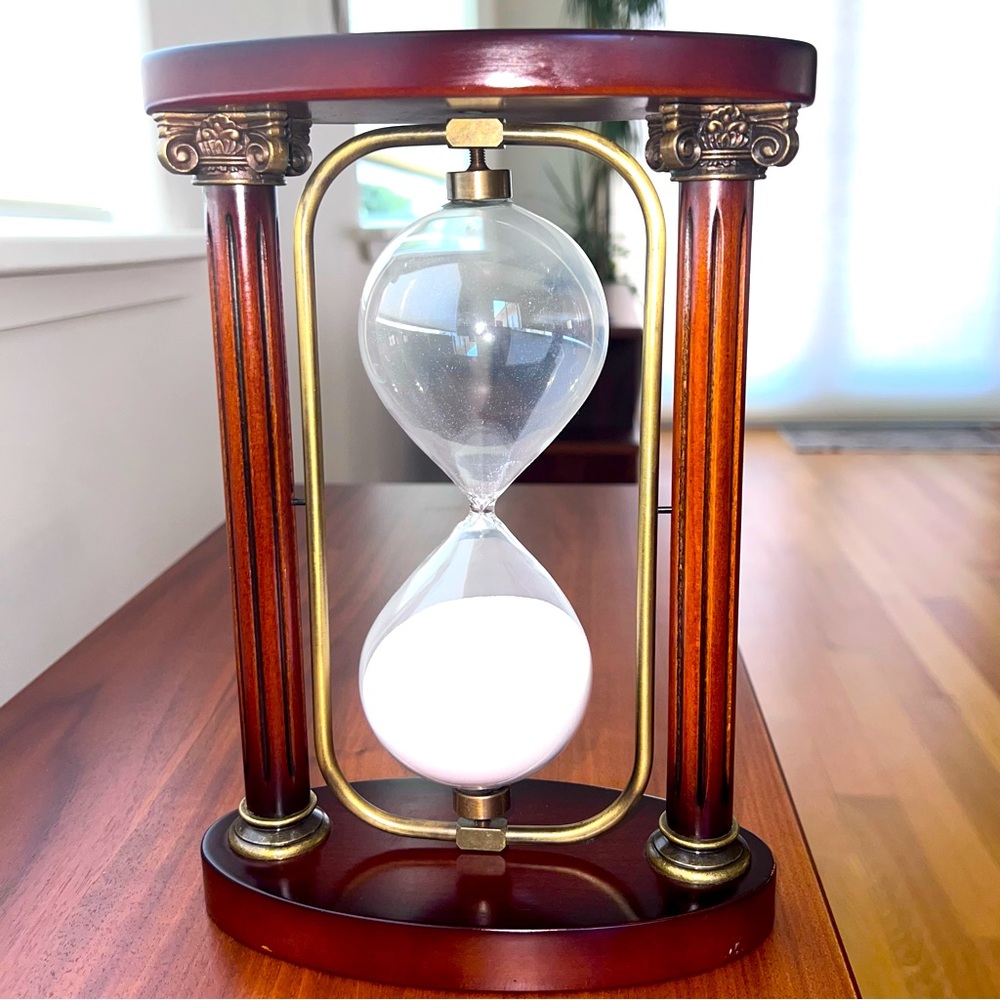 Bombay Company turning Hourglass with Sand, mahogany, and Brass